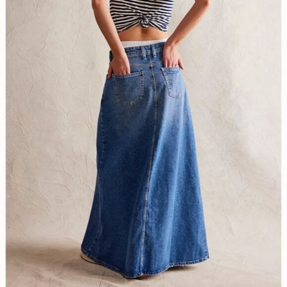NWT We The Free Come As You Are Denim Maxi Slit Skirt Free People Blue - Picture 2 of 9